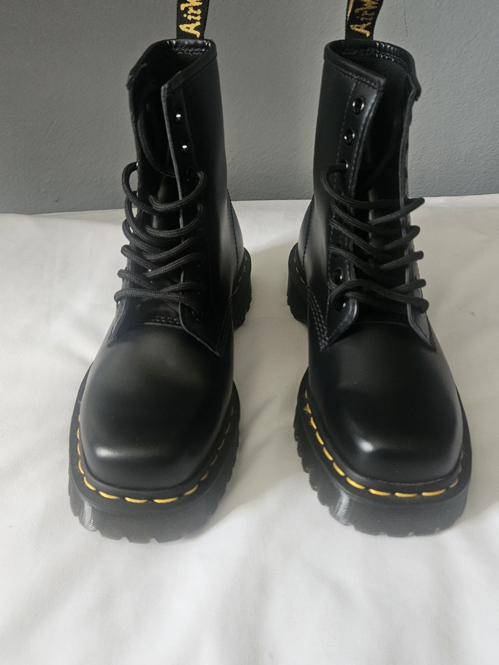 Dr. Martens Women's Black Combat Boots with Yellow Stitching